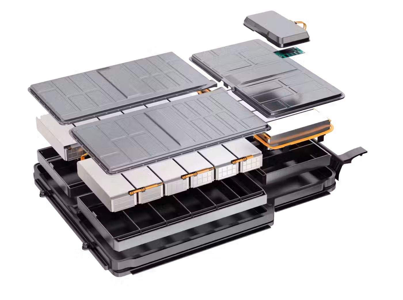 An exploded view of an electric vehicle battery pack